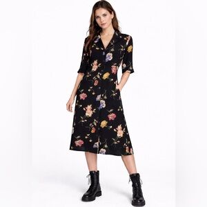 Vintage 90s Max Mara Floral Button Dress Midi Shirt A-Line Italy Size 12 black